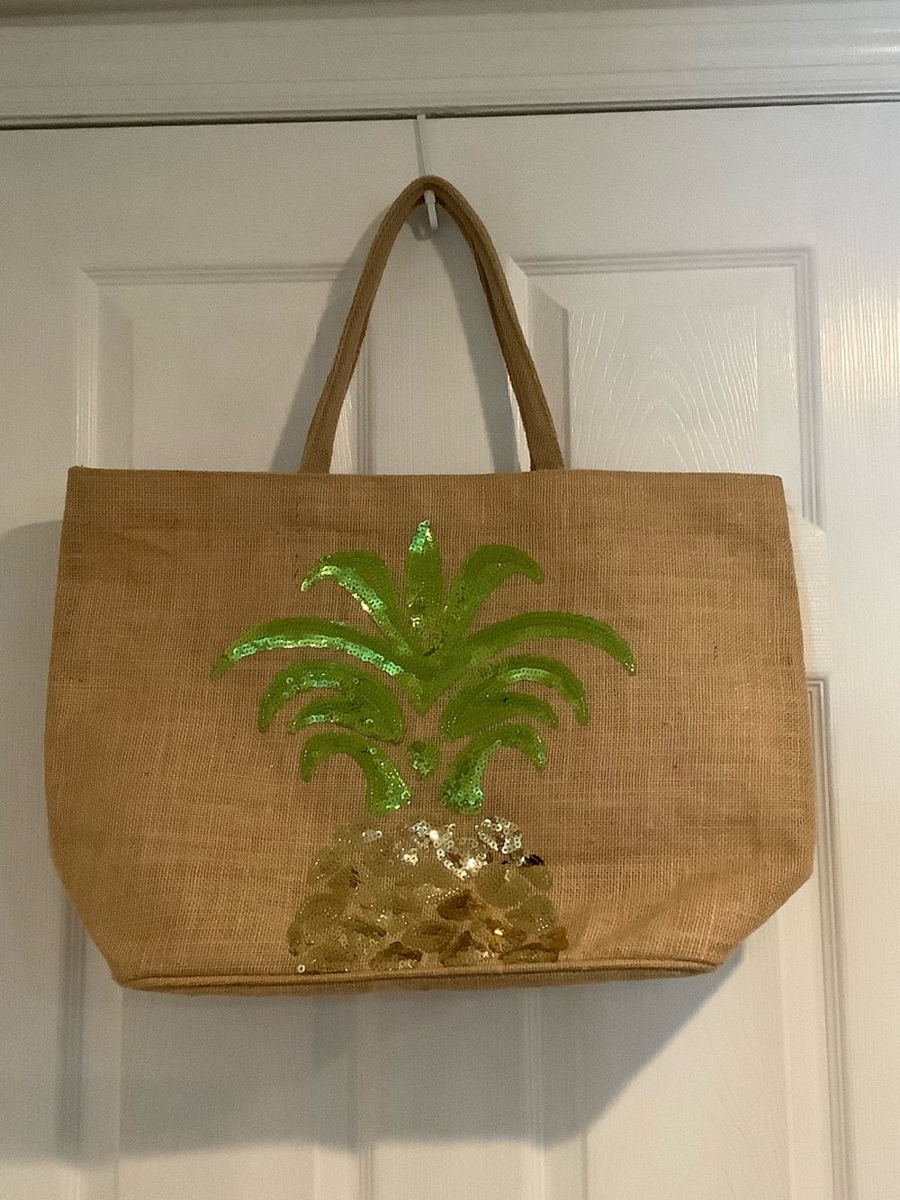NWOT 100% Jute Sequin Pinapple Neutral Travel Beach Shopping Vacation Tote Bag